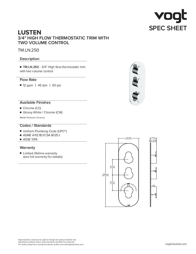 LUSTEN TRIM FOR 3/4" HIGH-FLOW TH VALVE WITH 2 VOLUME CONTROLS
