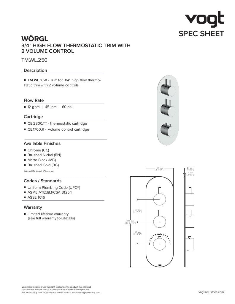 WORGL TRIM FOR 3/4" HIGH-FLOW TH VALVE WITH 2 VOLUME CONTROLS
