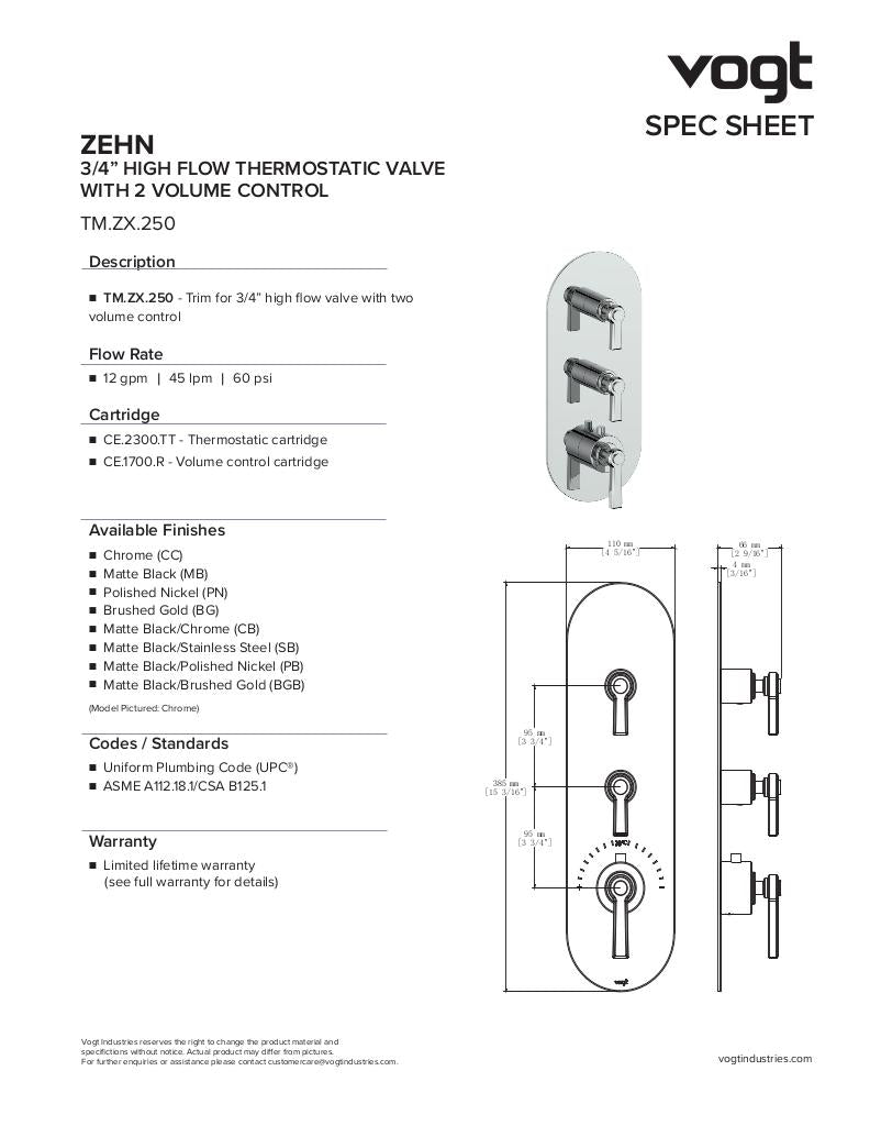ZEHN TRIM FOR 3/4" HIGH-FLOW TH VALVE WITH 2 VOLUME CONTROLS