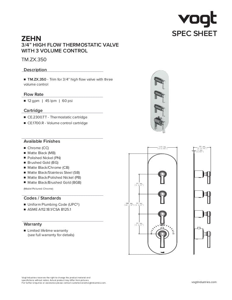 ZEHN TRIM FOR 3/4" HIGH-FLOW TH VALVE WITH 3 VOLUME CONTROLS
