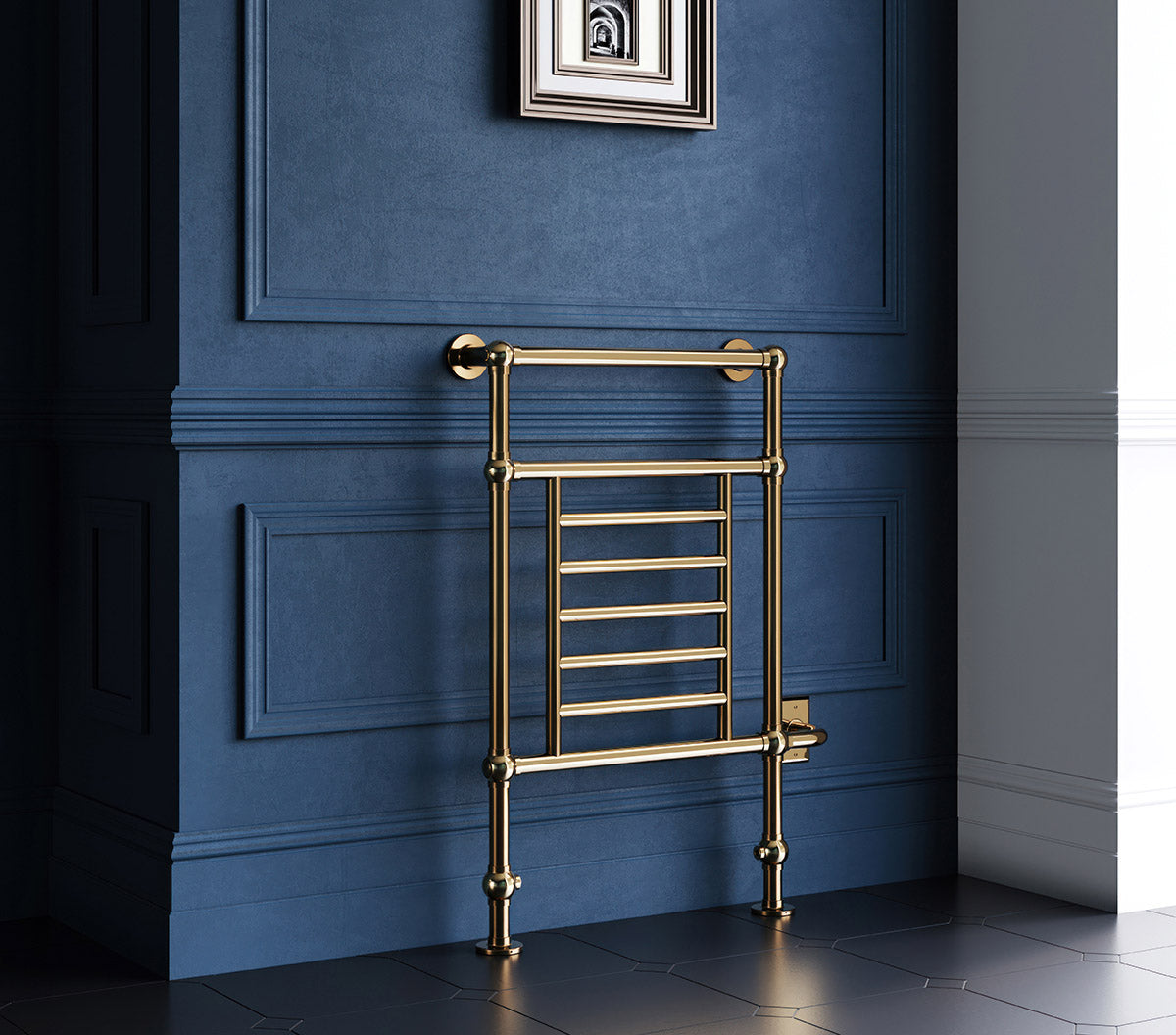 23.5"x38" Tuzio Thames Towel Warmer in a bathroom setting