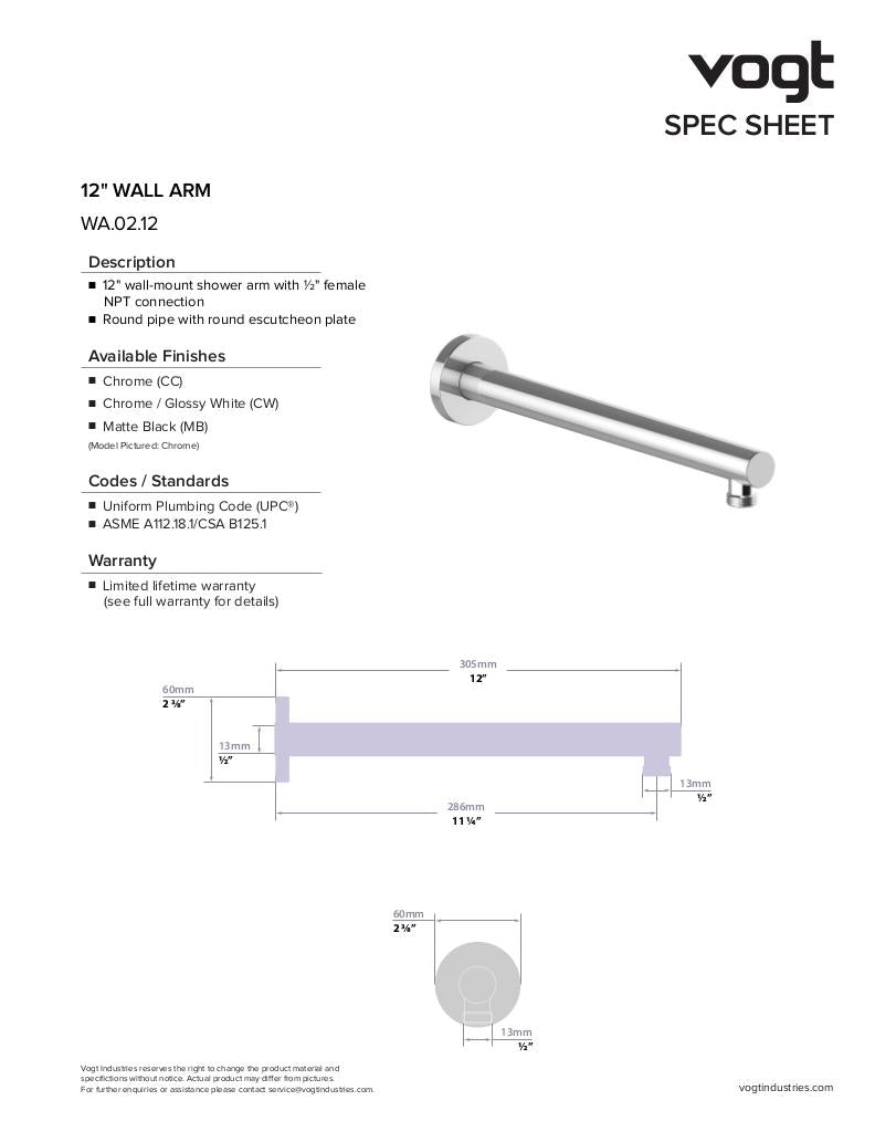 12" ROUND WALL MOUNT SHOWER ARM