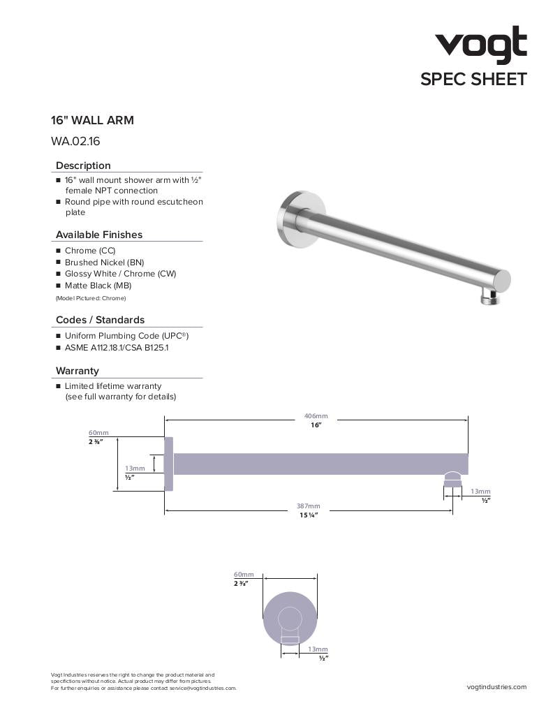 16" ROUND WALL MOUNT SHOWER ARM