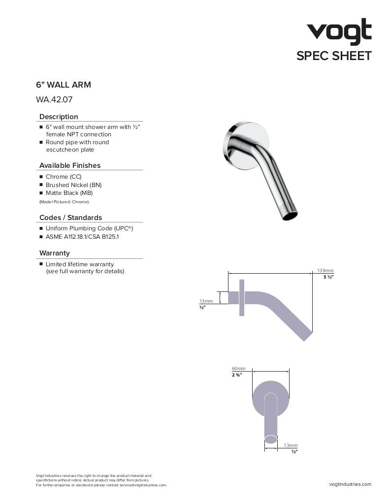 6" WALL MOUNT SHOWER ARM WITH ROUND FLANGE
