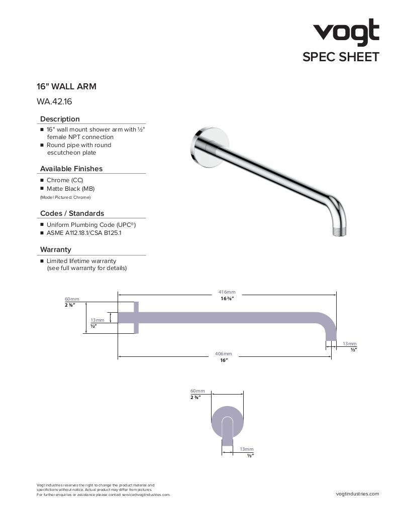 16" WALL MOUNT SHOWER ARM WITH ROUND FLANGE