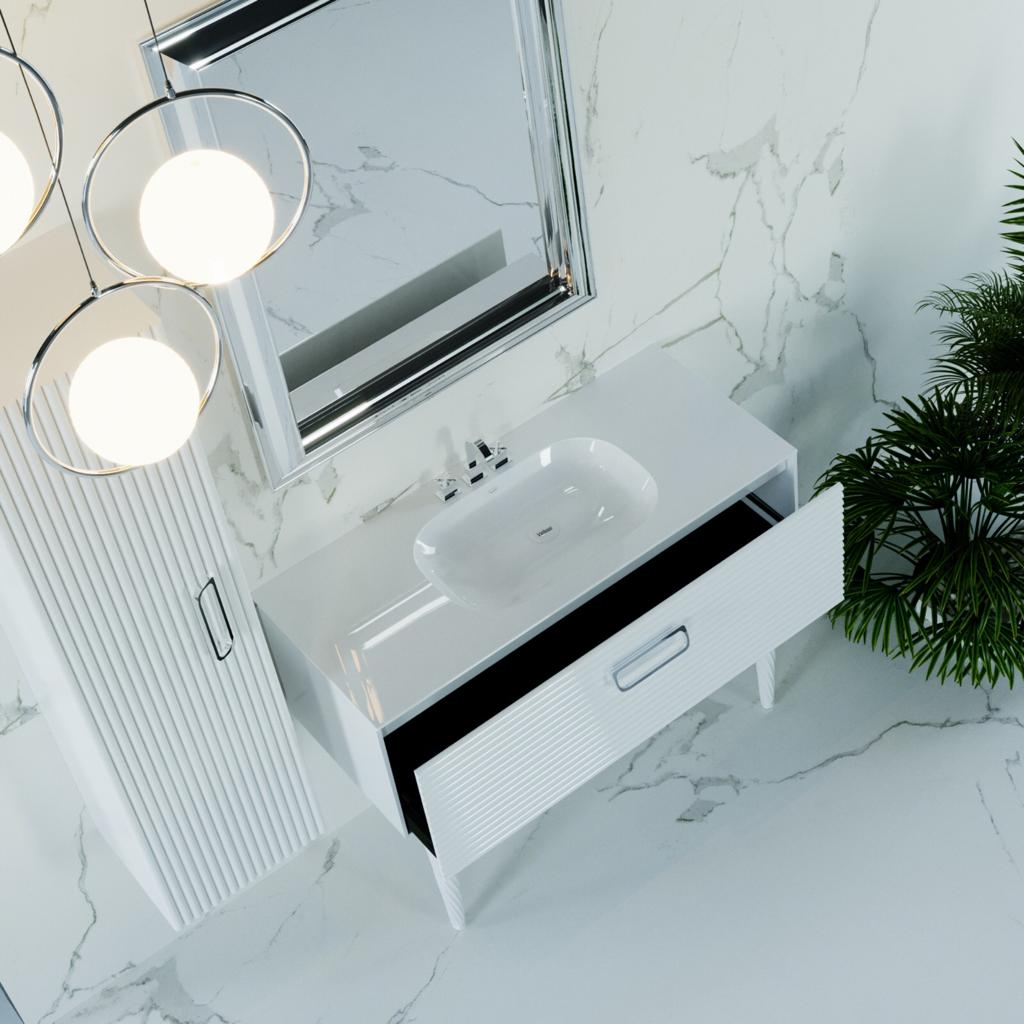Linea 48 Chrome Vanity With White Side Cabinets