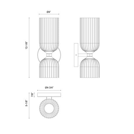 Nelly 12-in wall/vanity light dimension drawing with front, side and top views