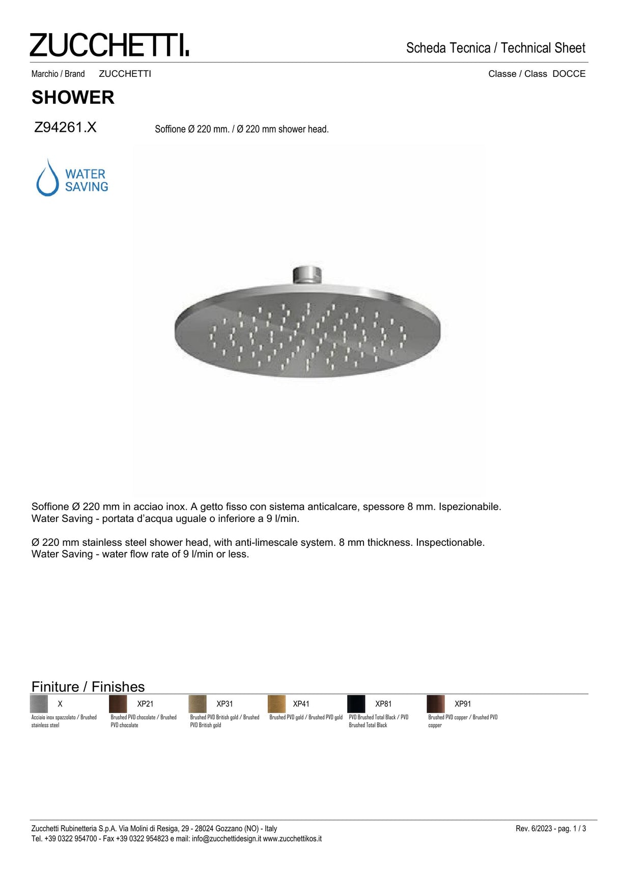 Ø 220 mm shower head
