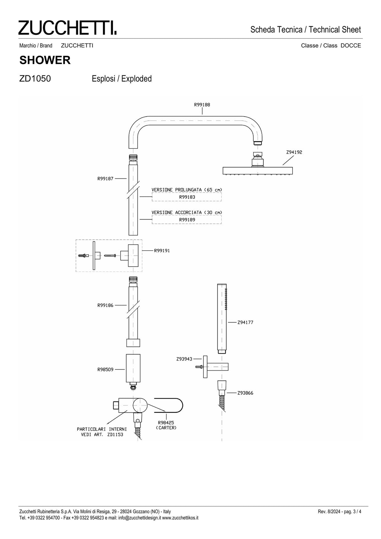 Shower column with exposed thermostatic mixer