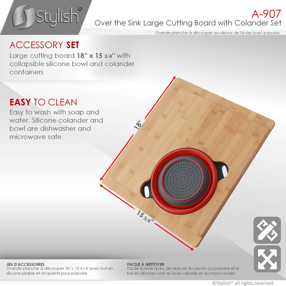 18" Over the Sink Bamboo Large Cutting Board with Colander and Bowl Set
