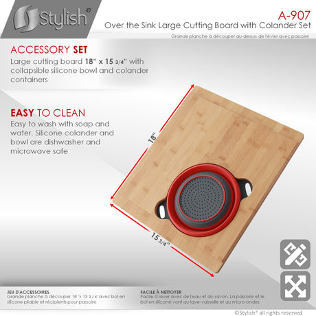 18" Over the Sink Bamboo Large Cutting Board with Colander and Bowl Set