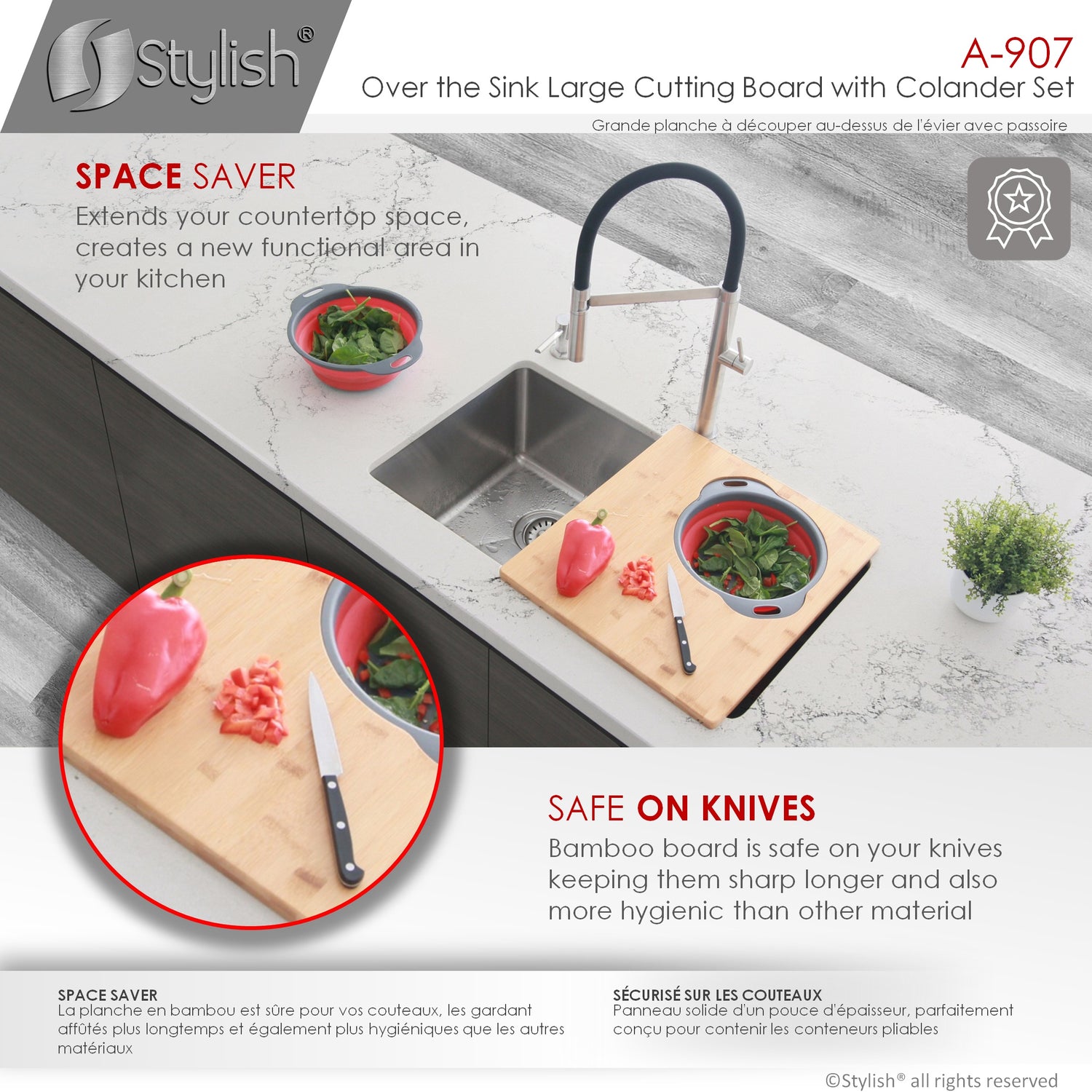 18" Over the Sink Bamboo Large Cutting Board with Colander and Bowl Set