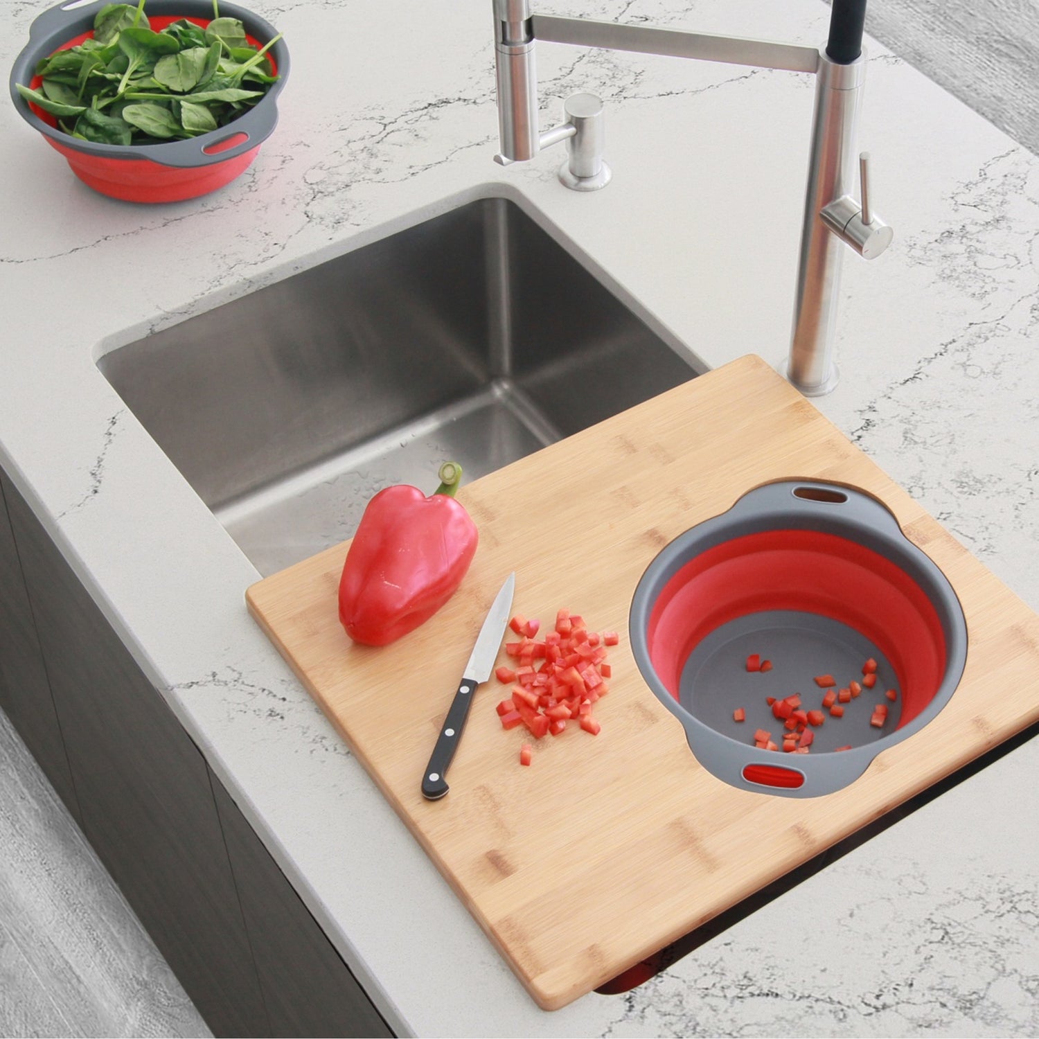 18" Over the Sink Bamboo Large Cutting Board with Colander and Bowl Set