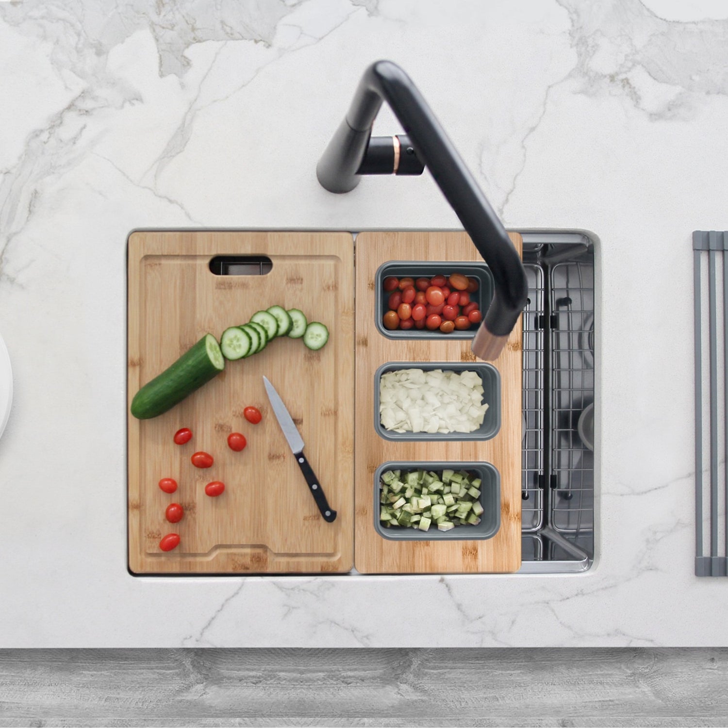 16 3/4" Bamboo Serving Board with 3 Collapsible Containers