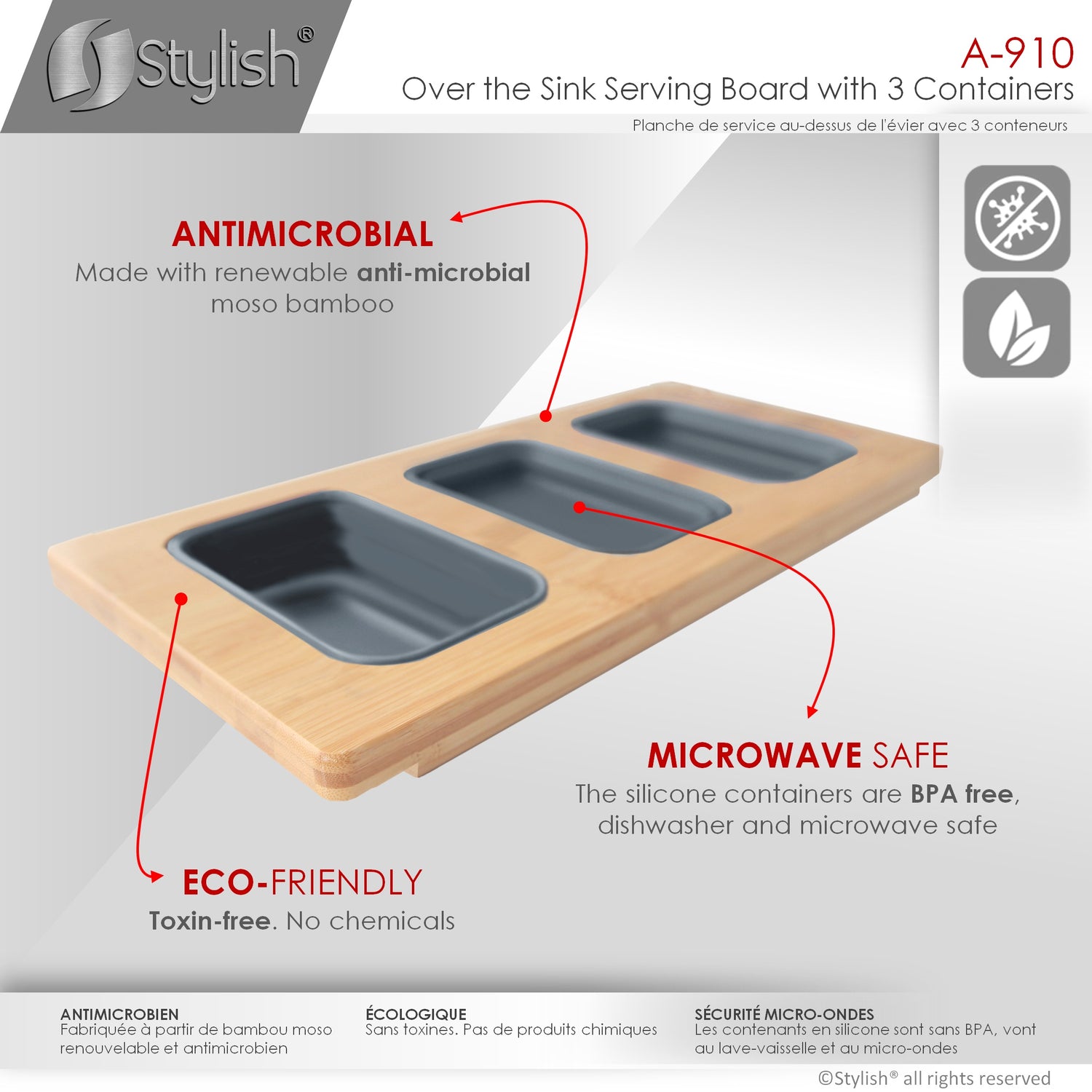 18" Bamboo Workstation Serving Board with 3 Collapsible Containers