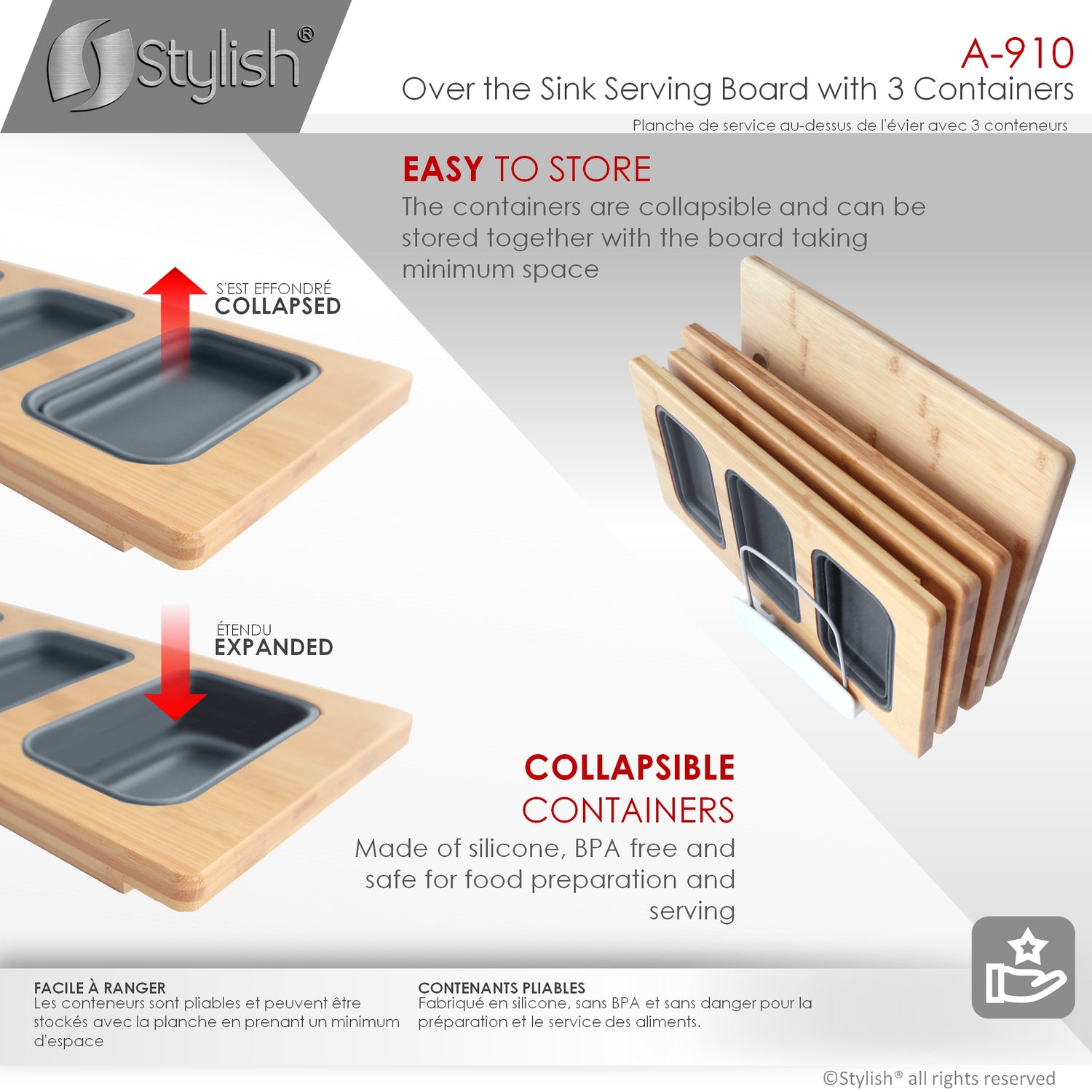 18" Bamboo Workstation Serving Board with 3 Collapsible Containers