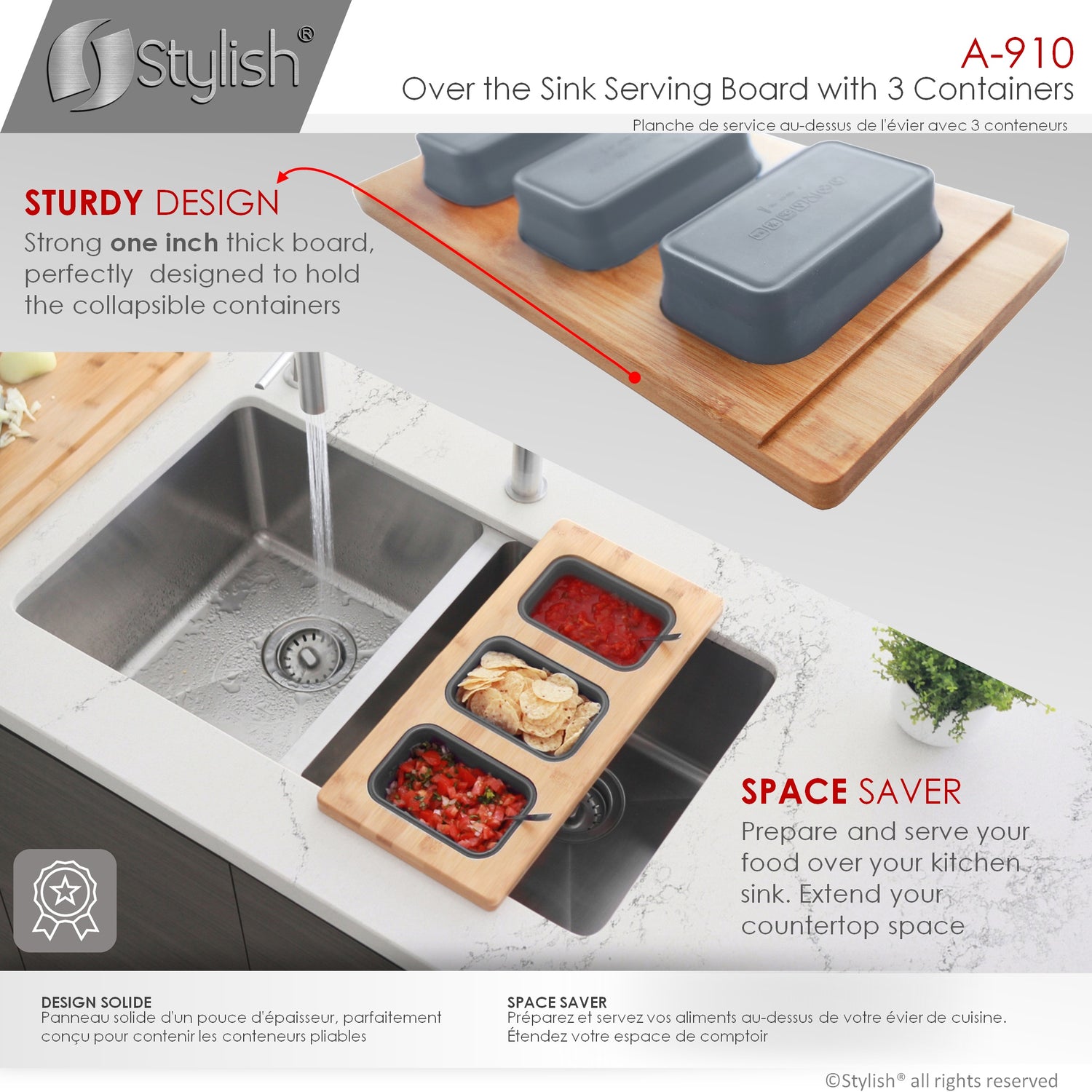 18" Bamboo Workstation Serving Board with 3 Collapsible Containers