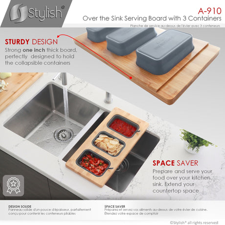 18" Bamboo Workstation Serving Board with 3 Collapsible Containers