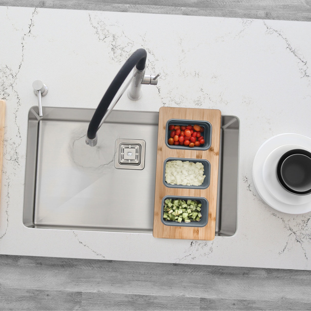 18" Bamboo Workstation Serving Board with 3 Collapsible Containers