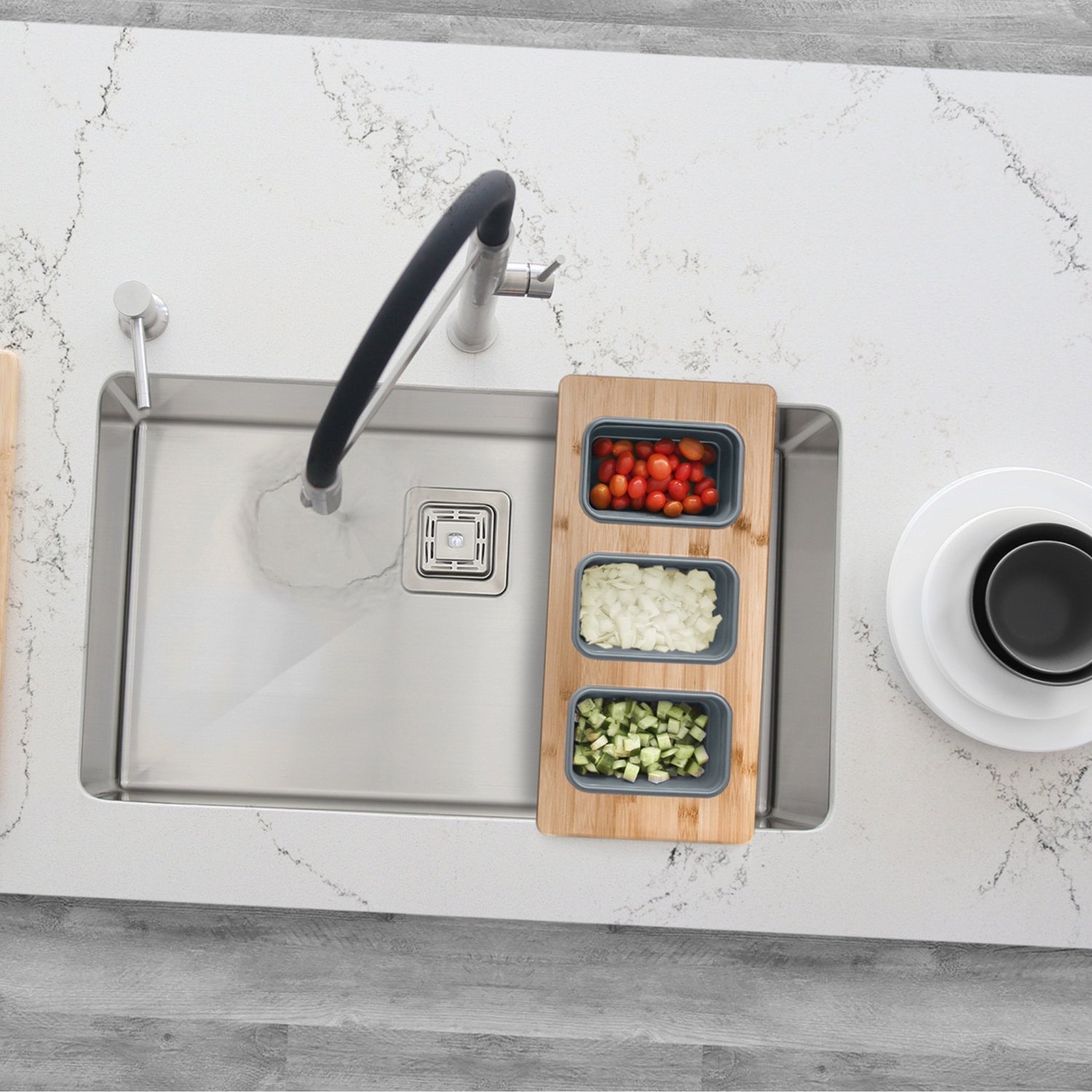 18" Bamboo Workstation Serving Board with 3 Collapsible Containers