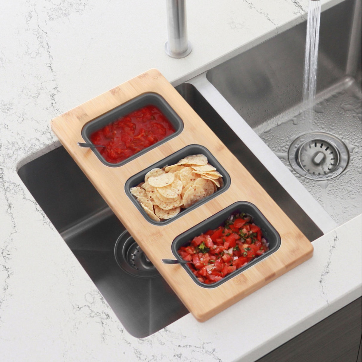 18" Bamboo Workstation Serving Board with 3 Collapsible Containers