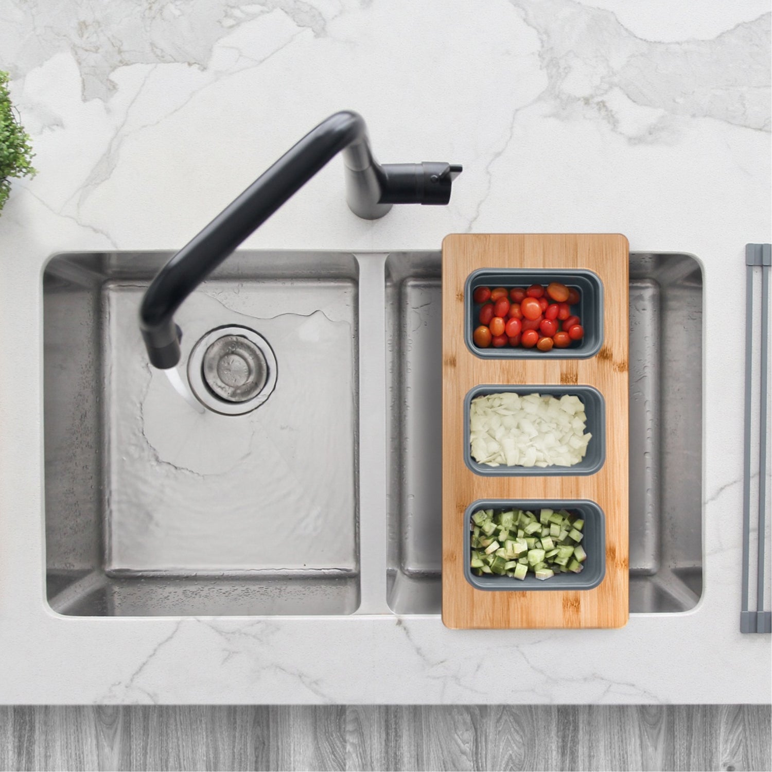 18" Bamboo Workstation Serving Board with 3 Collapsible Containers