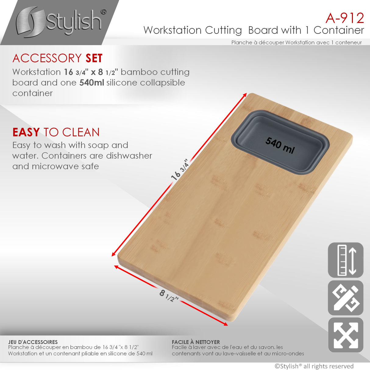 16 3/4" Bamboo Workstation Cutting Board with 1 Collapsible Container