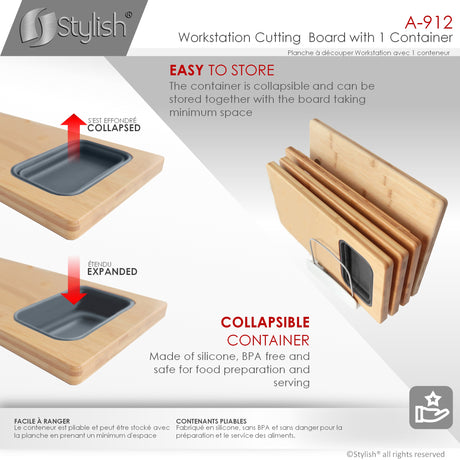 16 3/4" Bamboo Workstation Cutting Board with 1 Collapsible Container