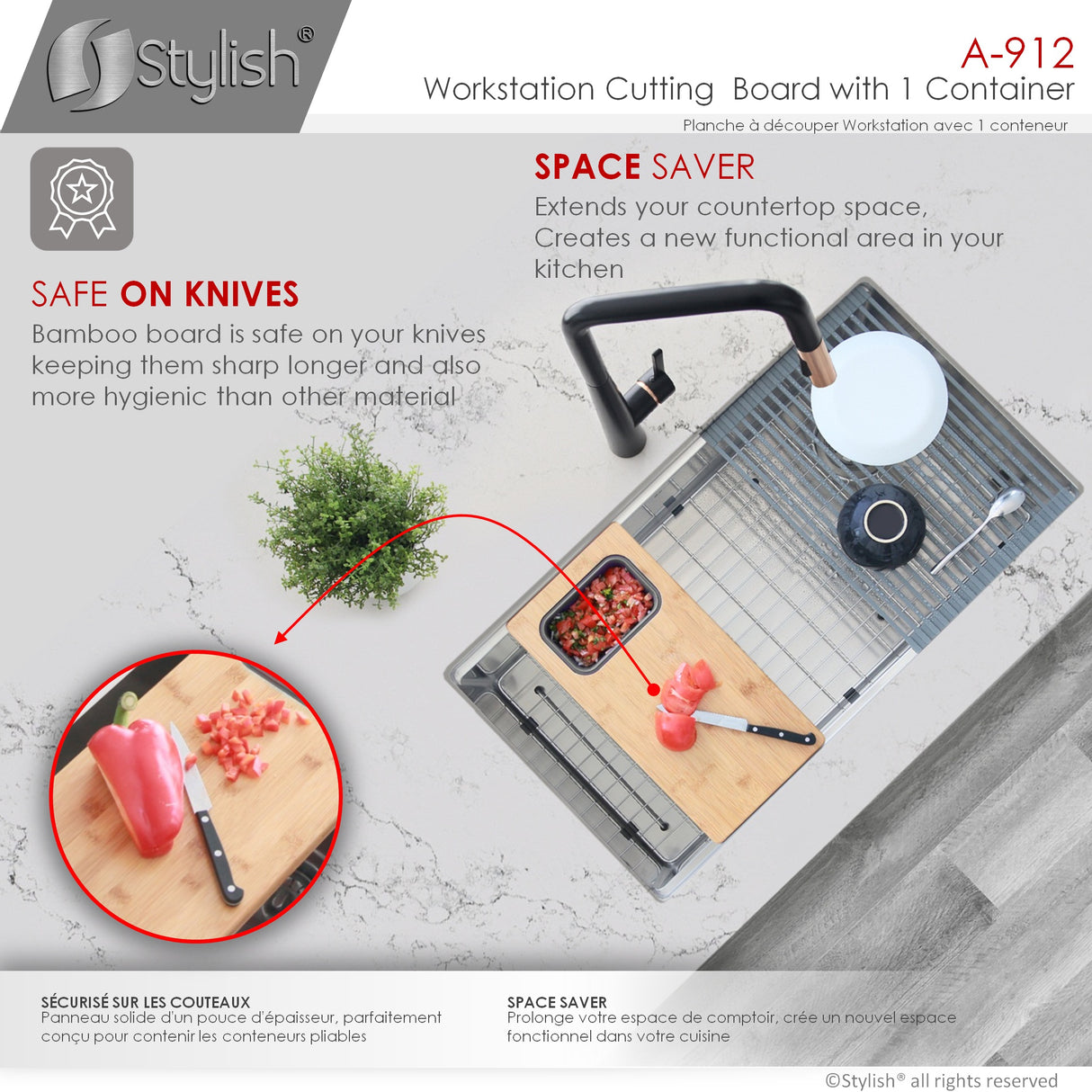 16 3/4" Bamboo Workstation Cutting Board with 1 Collapsible Container