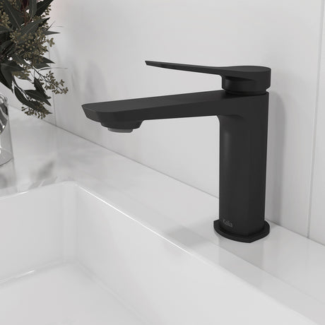 Kalia Moroka single hole bathroom sink faucet in Matte Black, installed in a modern bathroom