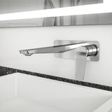 Kalia Moroka wall-mount bathroom sink faucet in Chrome, single handle, installed above a vessel sink in a modern bathroom