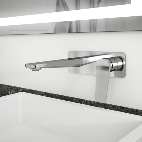 Kalia Moroka wall-mount bathroom sink faucet in Chrome, single handle, installed above a sink in a modern bathroom