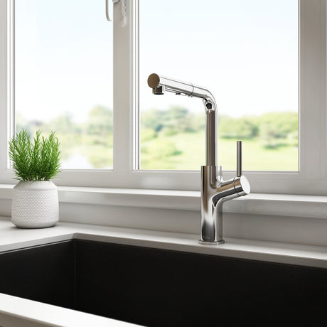 Kalia MASIMO surfer pull-out kitchen faucet installed at a sink by a window