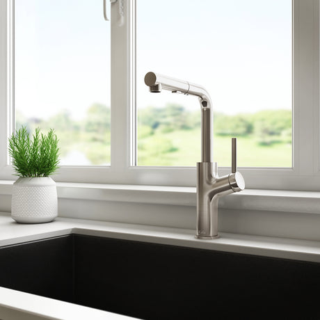 Kalia MASIMO single handle kitchen faucet at an undermount sink in a kitchen setting