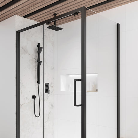 Kalia Moroka TD2 Aquatonik T/P shower system with diverter in Matte Black installed in a modern bathroom