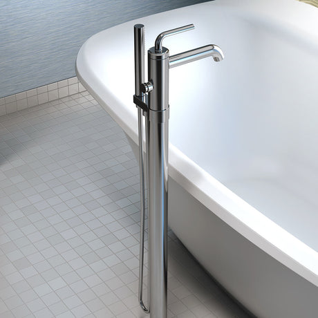 Kalia Cité floor-mount tub filler with handshower in Chrome installed beside a freestanding tub