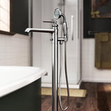 Kalia Rustik floor-mount tub filler with handshower in Chrome installed beside a freestanding tub in a bathroom