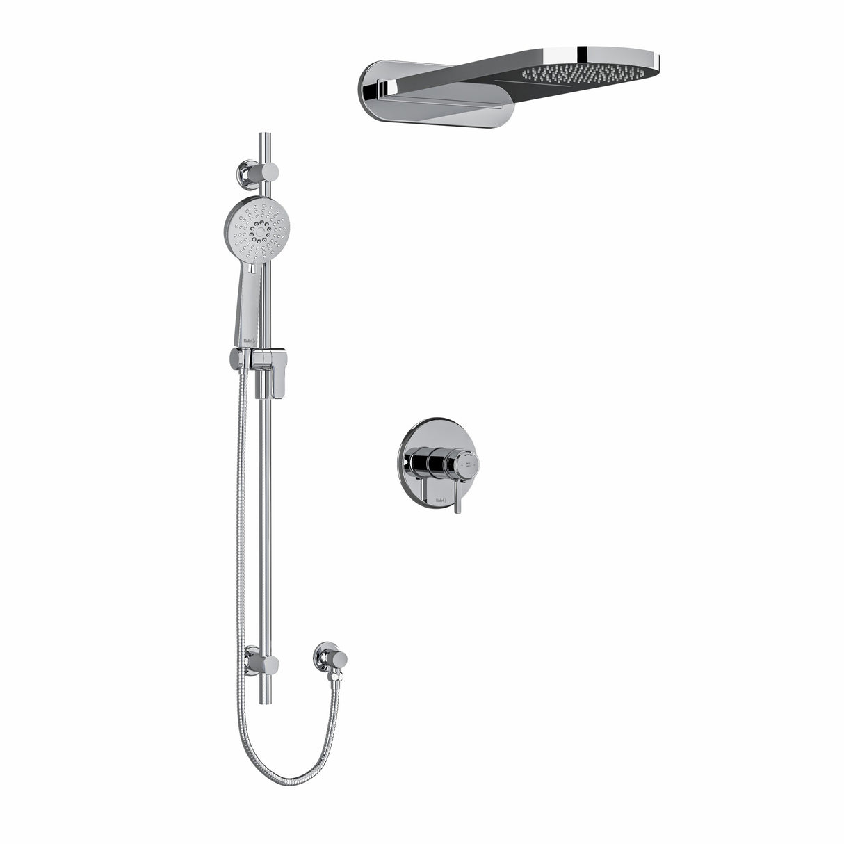 Type T/P (thermostatic/pressure balance) " coaxial 3-way system with hand shower rail and rain and cascade shower head