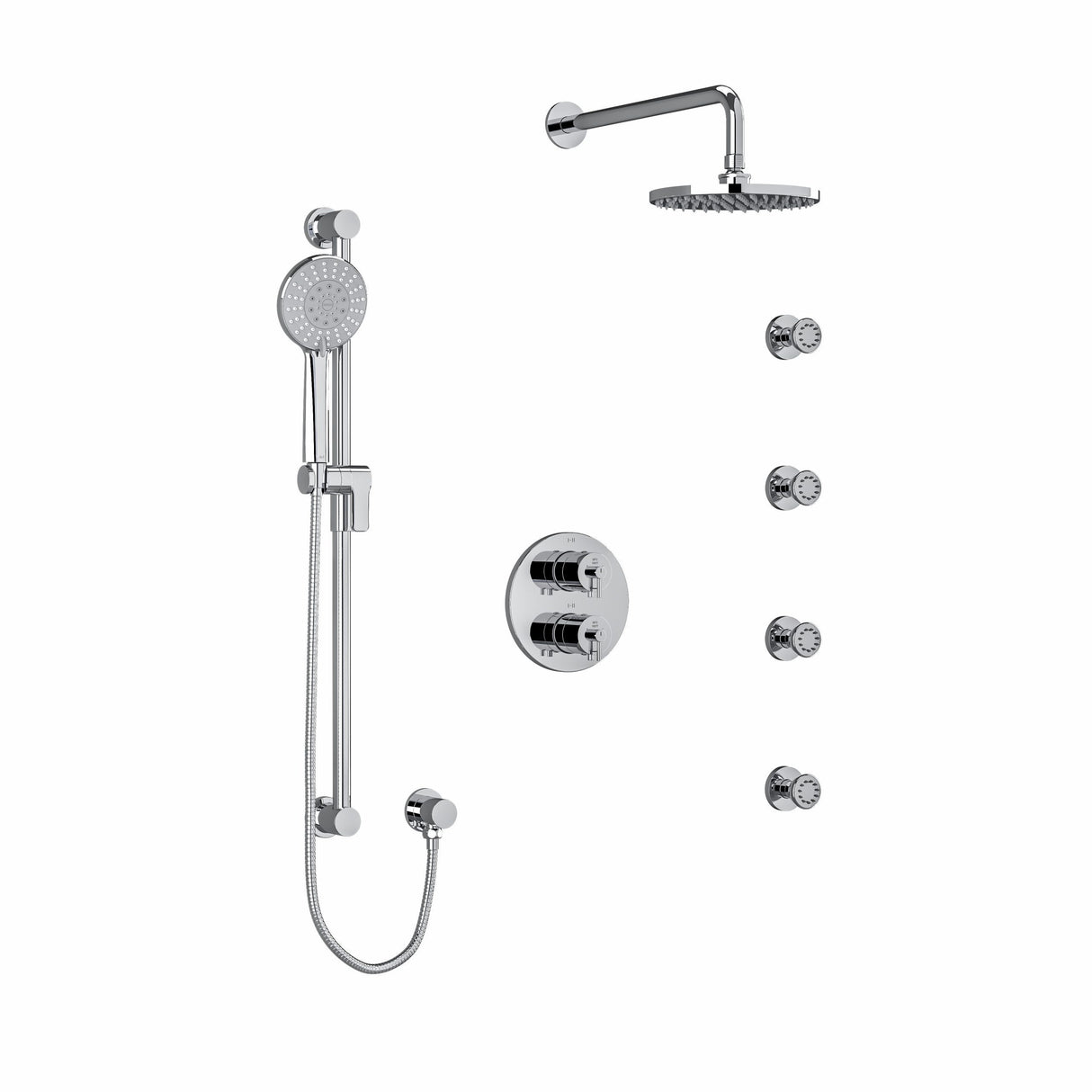 Type T/P (thermostatic/pressure balance) double coaxial system with hand shower rail, 4 body jets and shower head