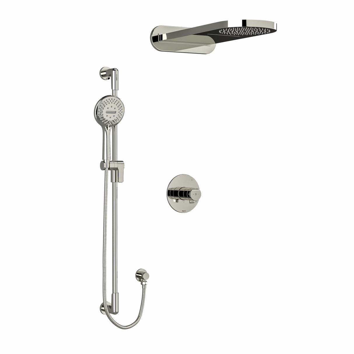 Type T/P (thermostatic/pressure balance) " coaxial 3-way system with hand shower rail and rain and cascade shower head