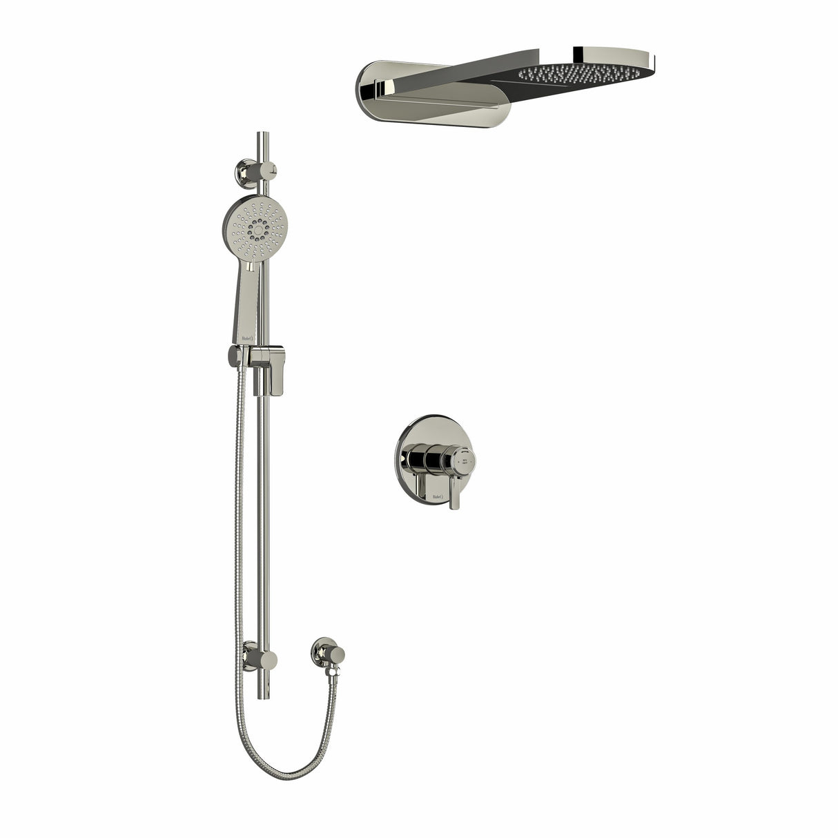 Type T/P (thermostatic/pressure balance) " coaxial 3-way system with hand shower rail and rain and cascade shower head