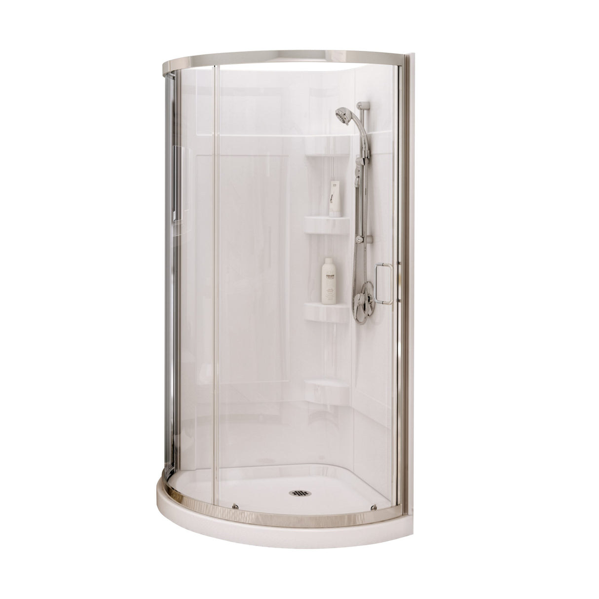 Iris II 34 x 34 Acrylic Center Drain Shower Kit in White with Clear glass in Brushed Nickel