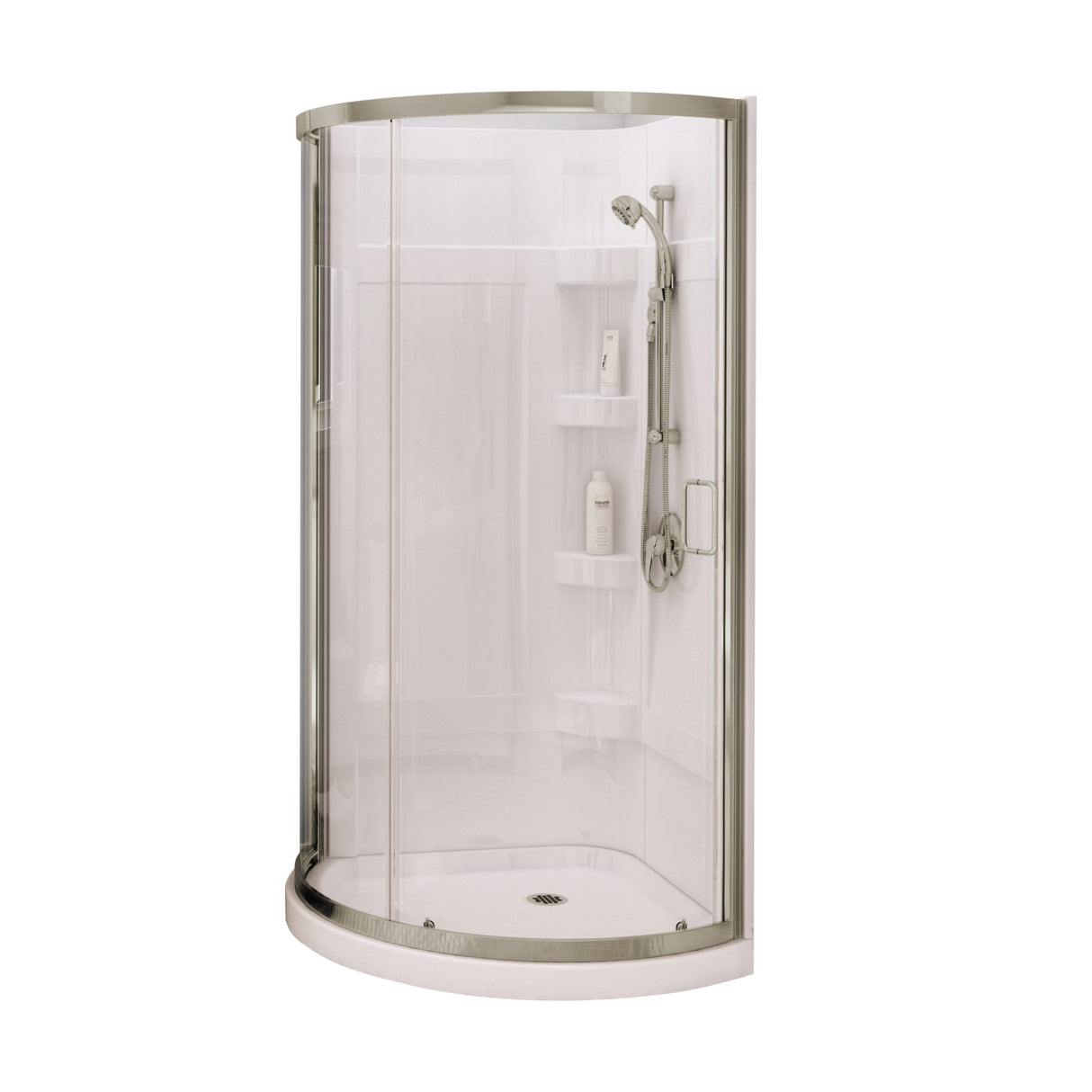 Iris II 34 x 34 Acrylic Center Drain Shower Kit in White with Clear glass in Brushed Nickel