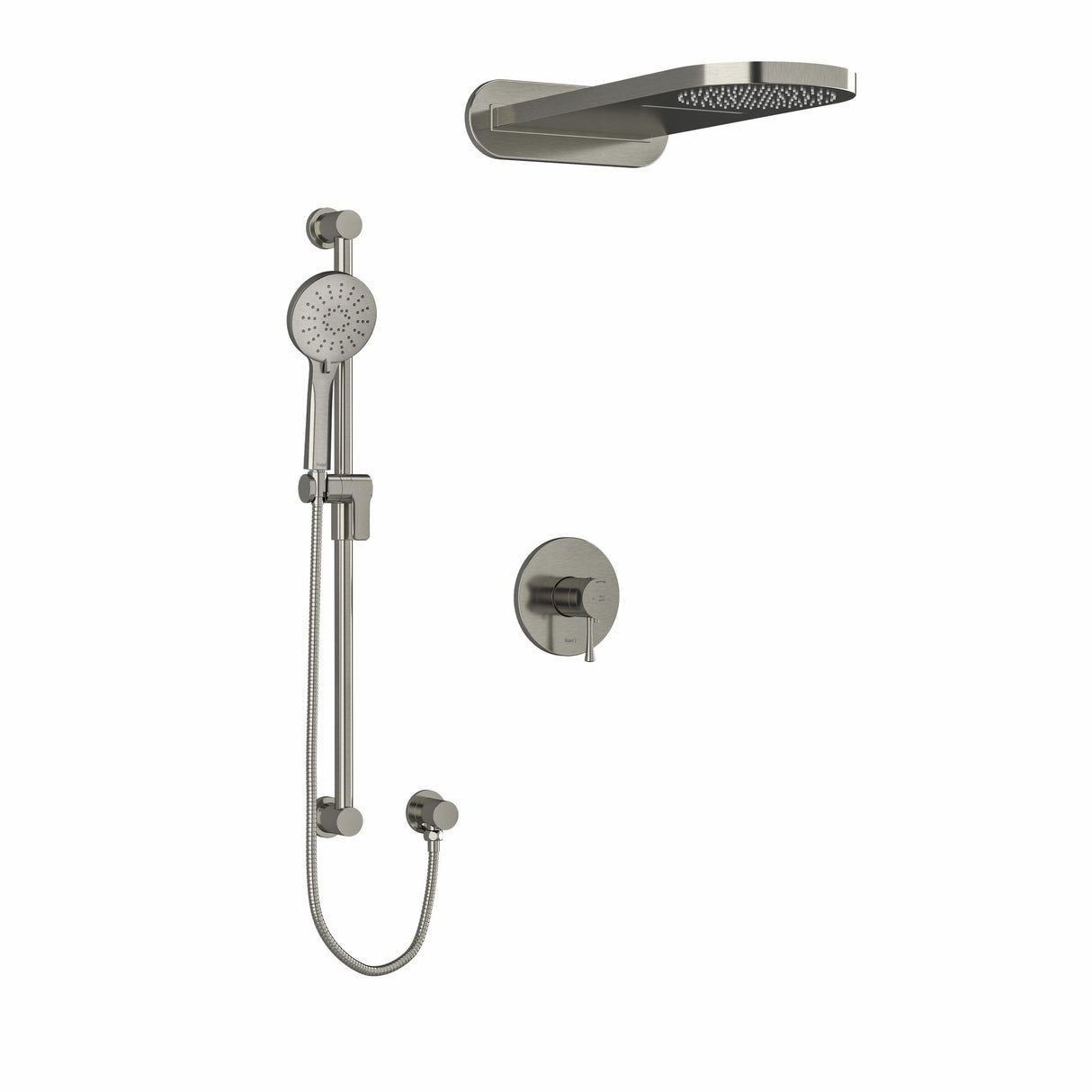 Type T/P (thermostatic/pressure balance) " coaxial 3-way system with hand shower rail and rain and cascade shower head