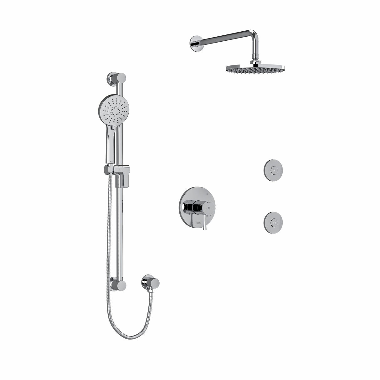 Type T/P (thermostatic/pressure balance) " coaxial 3-way system, hand shower rail, elbow supply, shower head and 2 body jets