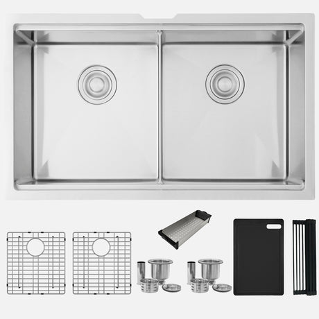 Undermount 32 Inch Double Bowl Workstation Sink With Accesories