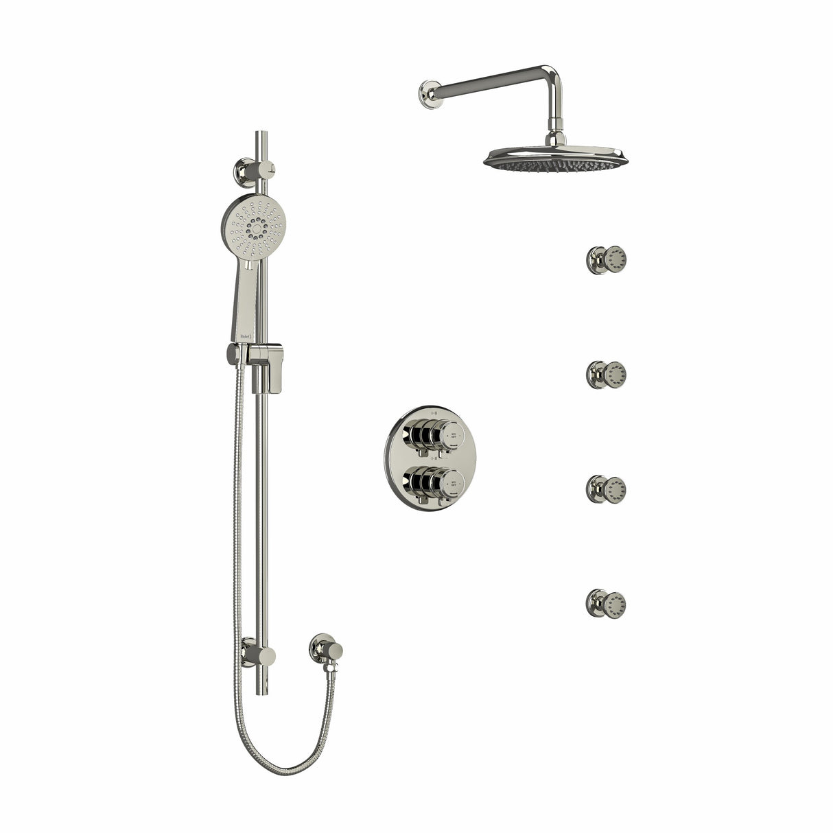 Type T/P (thermostatic/pressure balance) double coaxial system with hand shower rail, 4 body jets and shower head