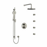 Type T/P (thermostatic/pressure balance) double coaxial system with hand shower rail, 4 body jets and shower head