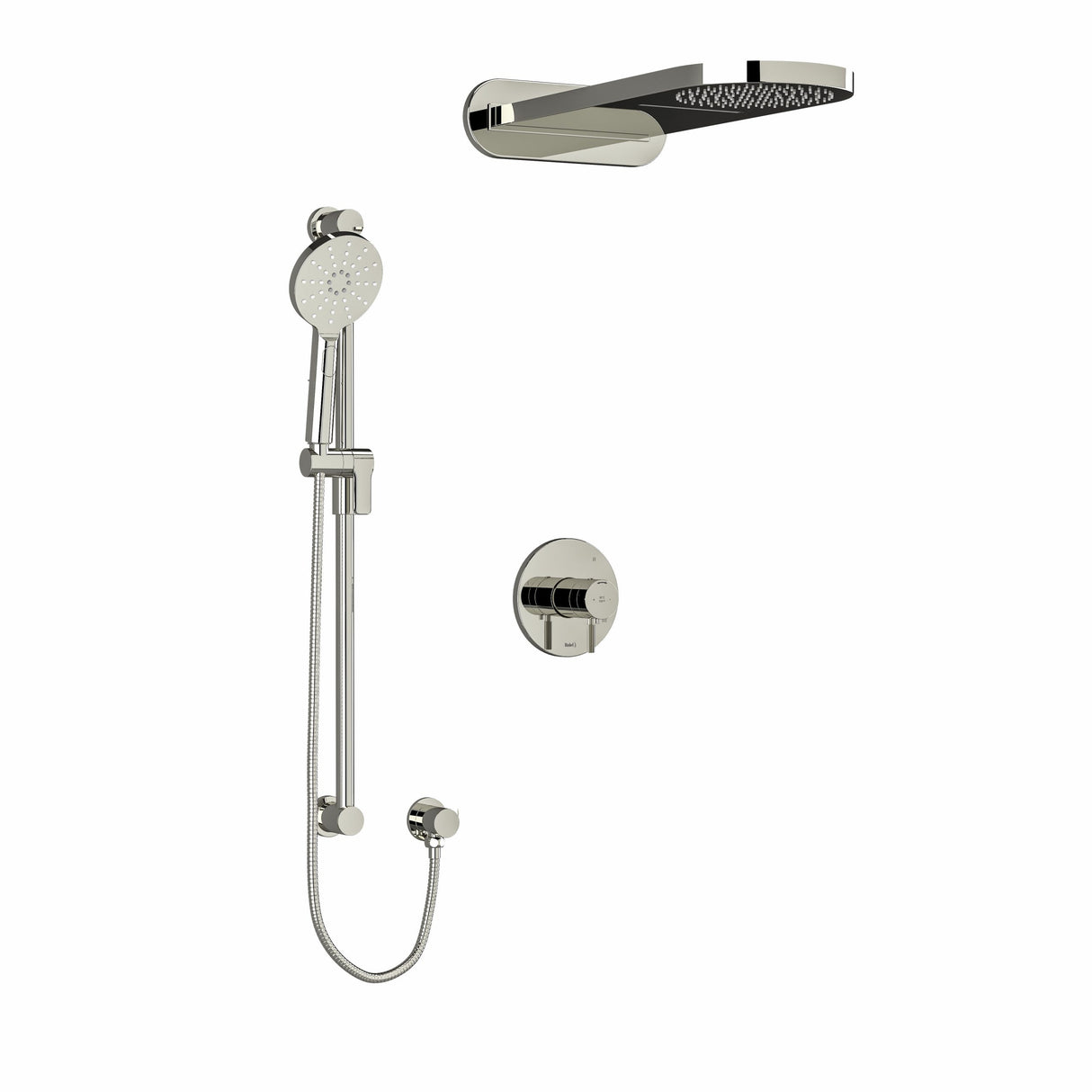 Type T/P (thermostatic/pressure balance) " coaxial 3-way system with hand shower rail and rain and cascade shower head