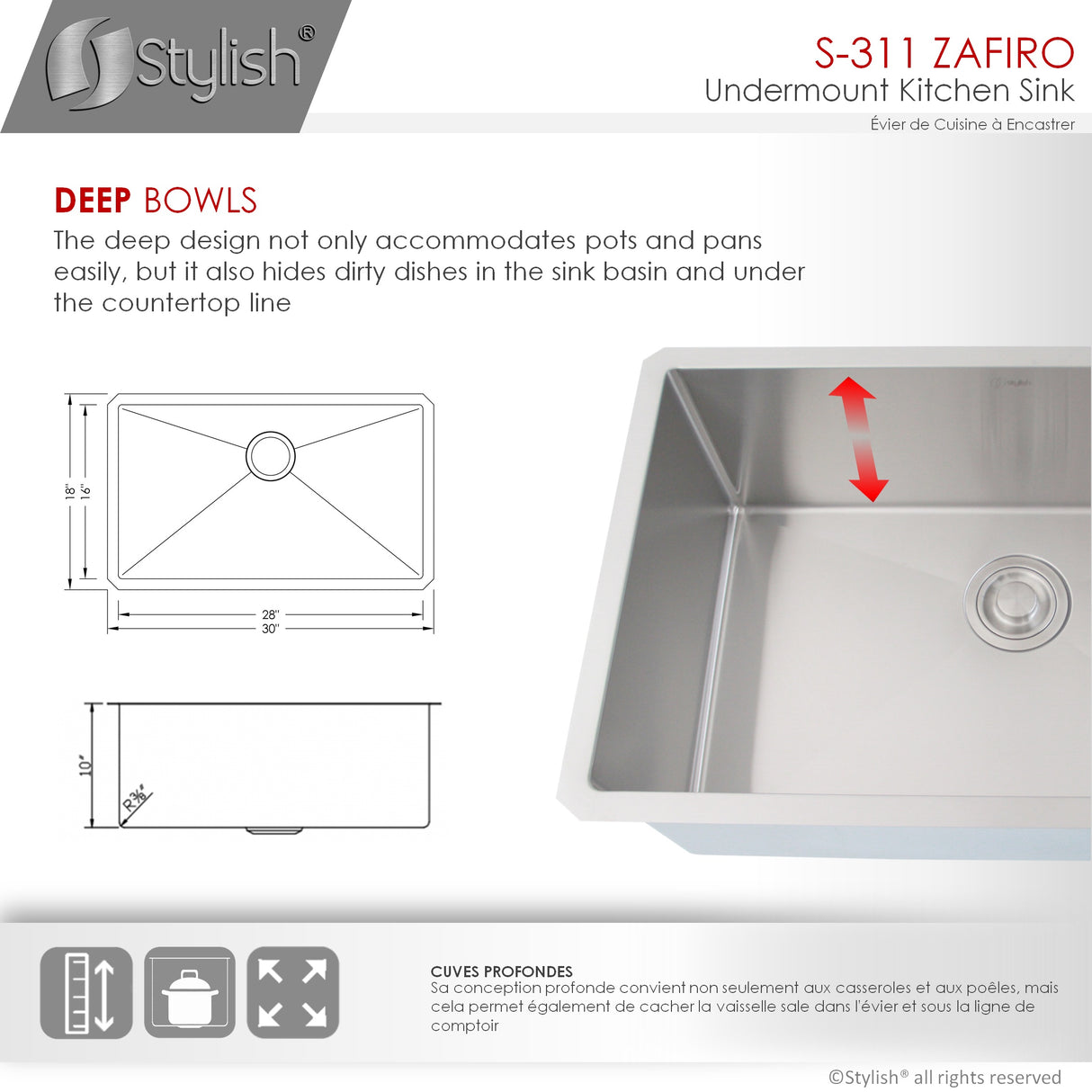 STYLISH 30 inch Single Bowl Undermount Stainless Steel Kitchen Sink